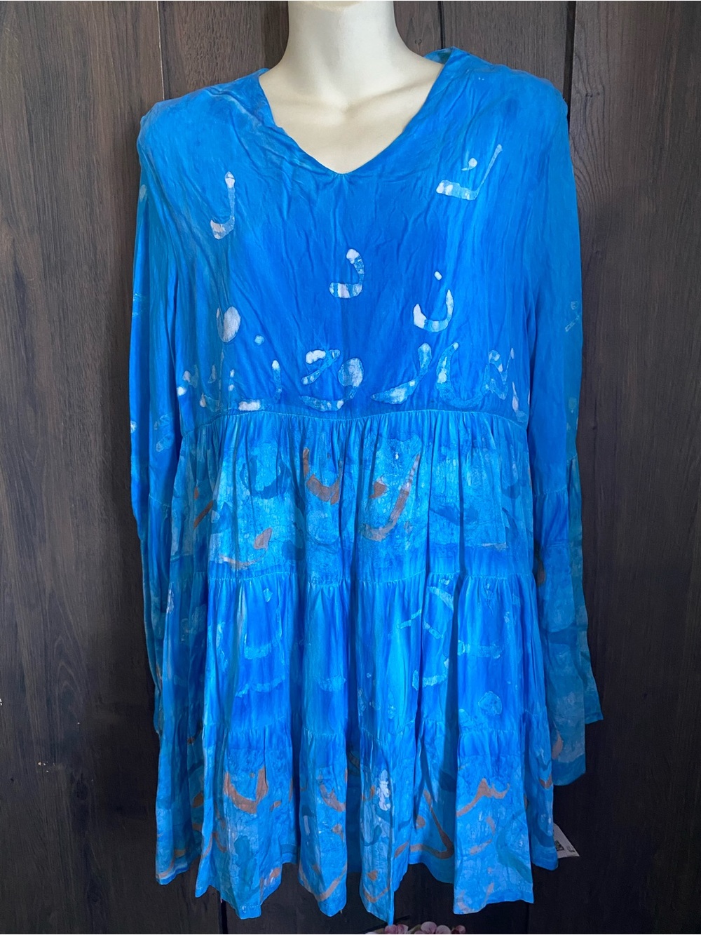 Samar Hassanien Batik Work Blue Tiered Long-Sleeve Dress